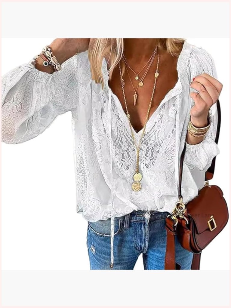 Lace Long Sleeve Tie Front V Neck Floral Crochet Blouse Peasant Top